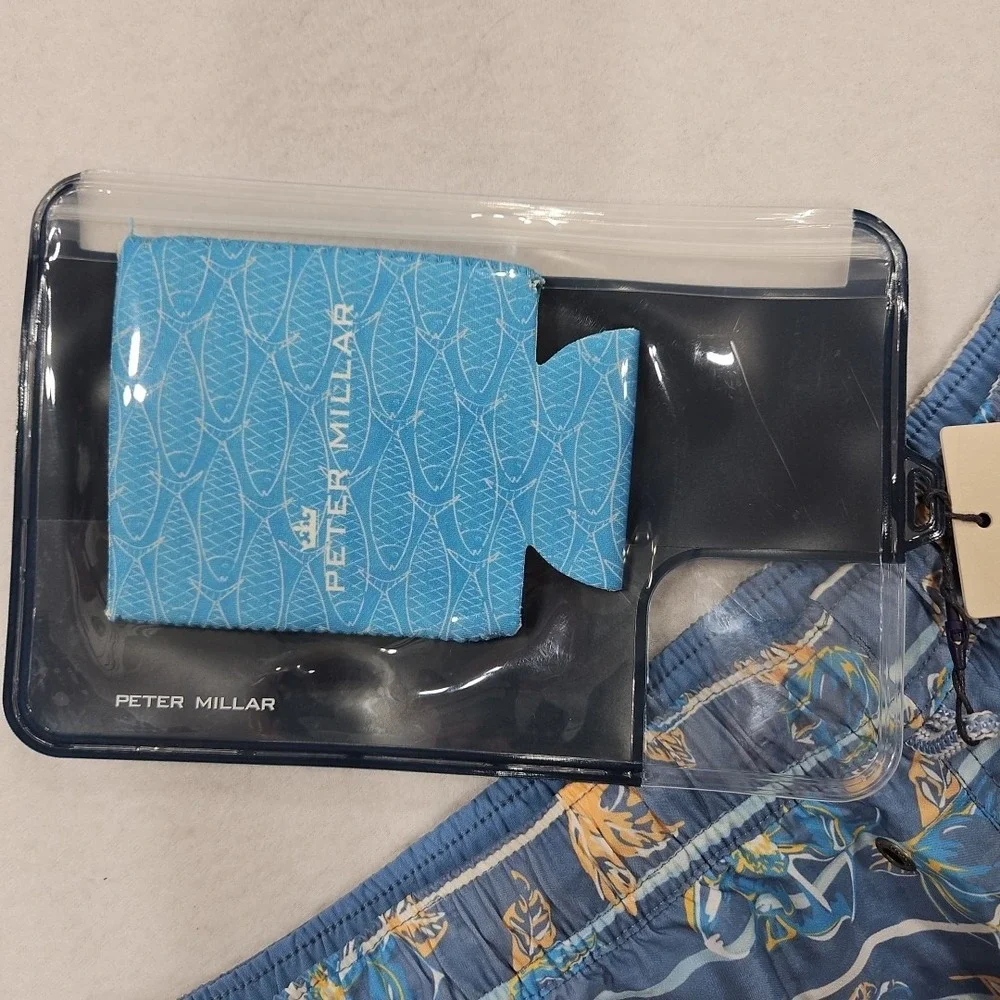 Peter Millar Swim Shorts Men XL Blue Floral Print Trunks Lined Koozie MSC24P06‎